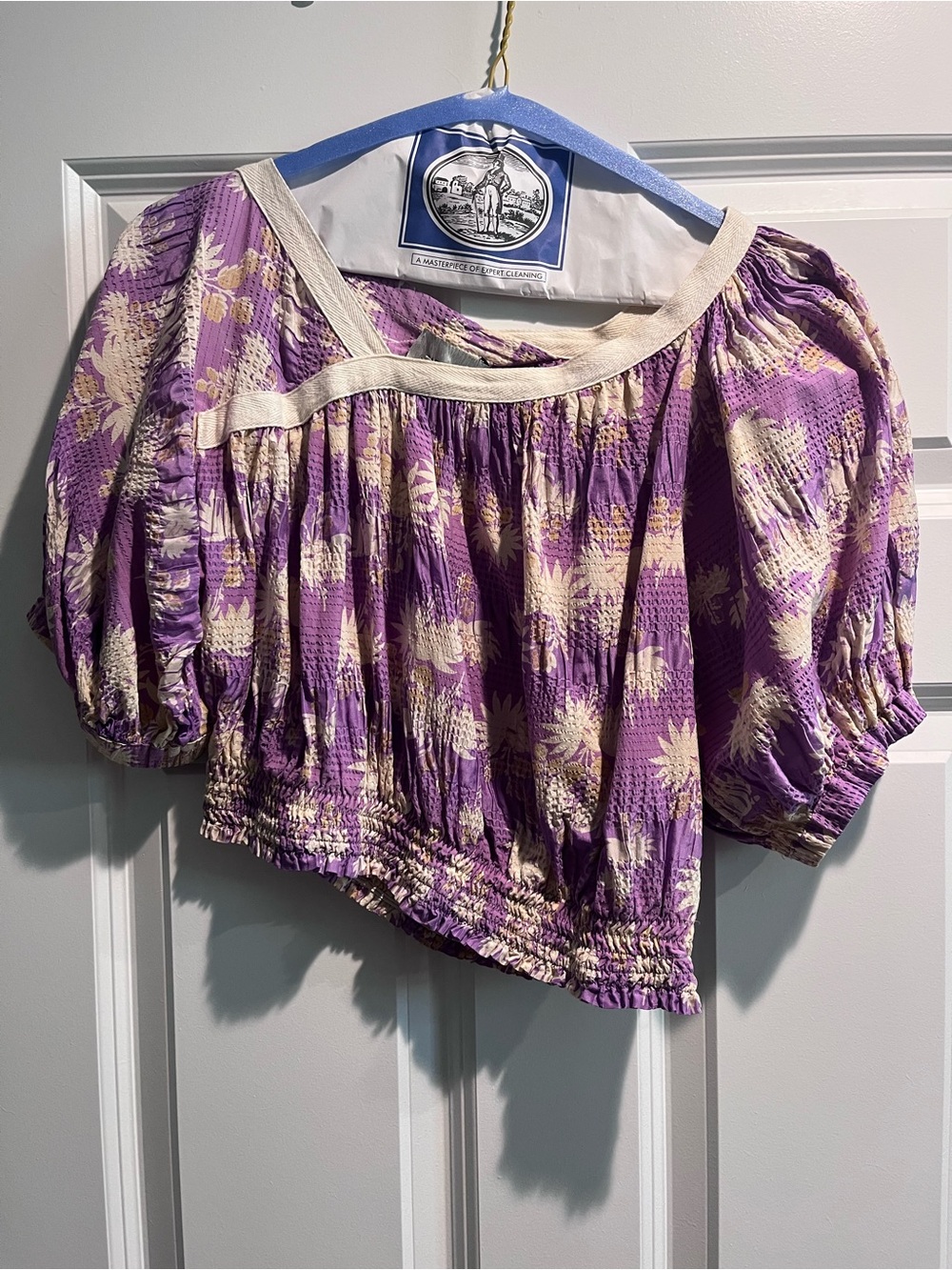 Rachel Comey Lavender Floral Smocked Crop Top with Cream Trim
